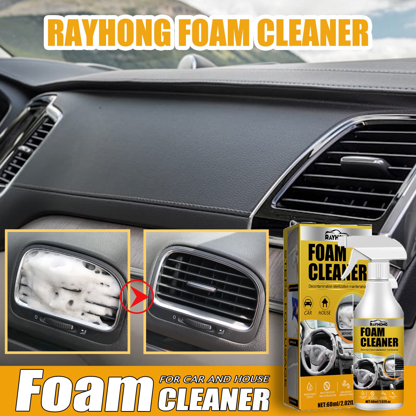 Car Interior Wash-Free Foam Cleaner (60ml) | Multi-Surface Decontamination Kit with Sponge